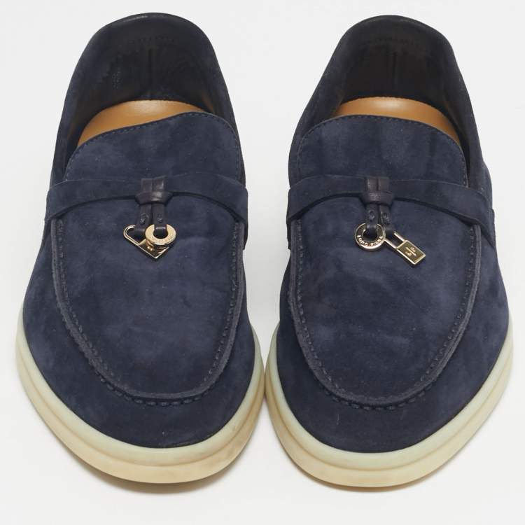 Pre Owned Loro Piana Navy Blue Suede Summer Charms Walk  Loafers Size 35.5