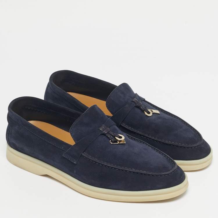 Pre Owned Loro Piana Navy Blue Suede Summer Charms Walk  Loafers Size 35.5