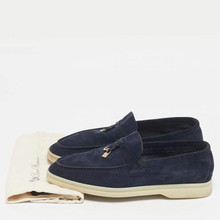 Pre Owned Loro Piana Navy Blue Suede Summer Charms Walk  Loafers Size 35.5