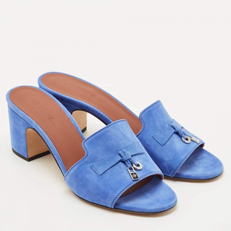 Pre Owned Loro Piana Blue Suede Summer Charms Slide Sandals Size 38.5