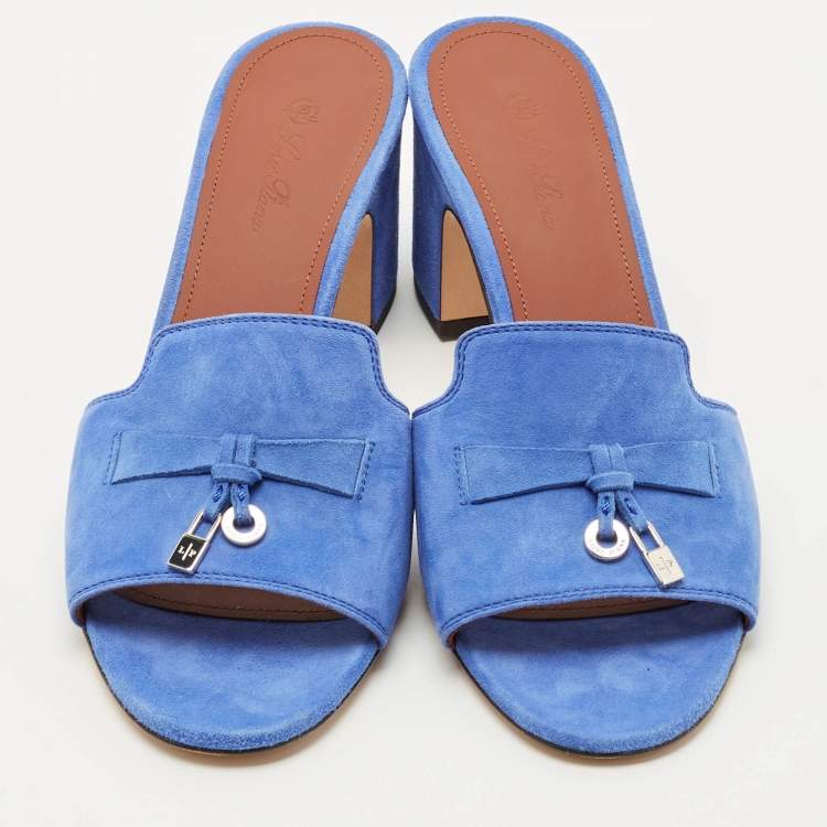 Pre Owned Loro Piana Blue Suede Summer Charms Slide Sandals Size 38.5