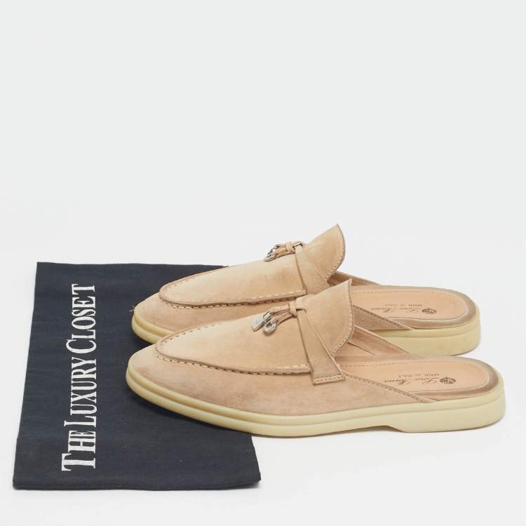 Pre Owned Loro Piana Beige Suede Babouche Charms Walk Mules Size 37.5