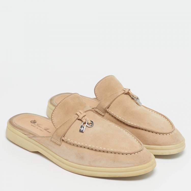 Pre Owned Loro Piana Beige Suede Babouche Charms Walk Mules Size 37.5