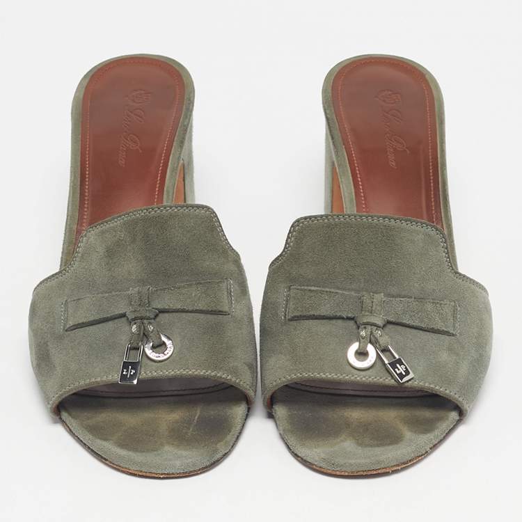 Pre Owned Loro Piana Green Suede Summer Charms Walk Slide Sandals Size 37.5