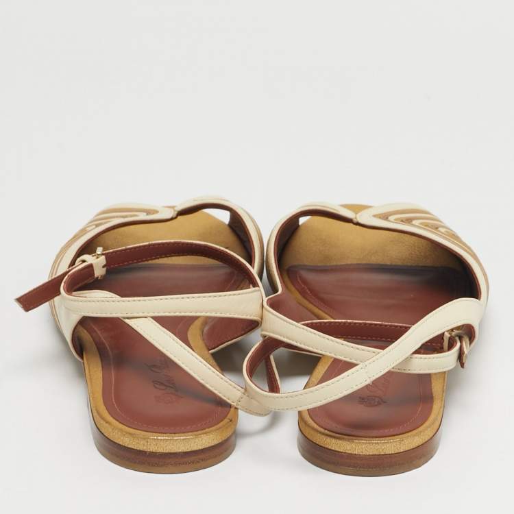 Pre Owned Loro Piana Cream/Gold Leather Ankle Strap Sandals Size 40
