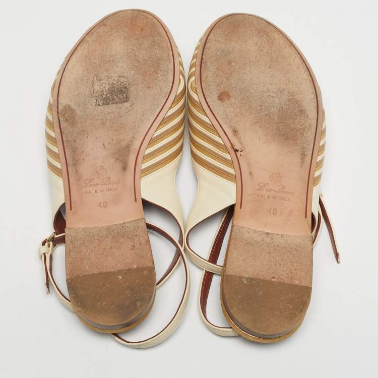 Pre Owned Loro Piana Cream/Gold Leather Ankle Strap Sandals Size 40