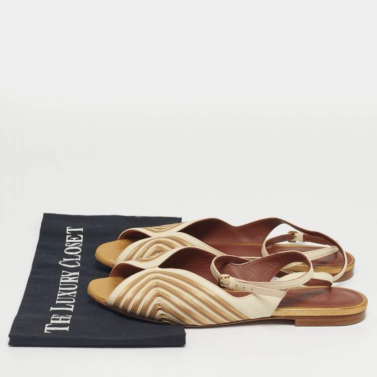 Pre Owned Loro Piana Cream/Gold Leather Ankle Strap Sandals Size 40