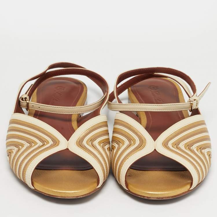 Pre Owned Loro Piana Cream/Gold Leather Ankle Strap Sandals Size 40