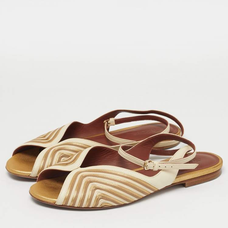 Pre Owned Loro Piana Cream/Gold Leather Ankle Strap Sandals Size 40