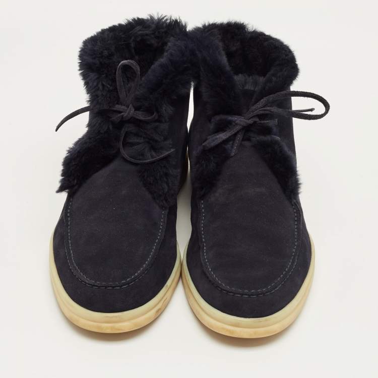 Pre Owned Loro Piana Navy Blue Mink Fur and Suede Open Walk Ankle Length Boots Size 42