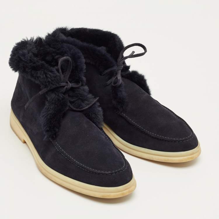 Pre Owned Loro Piana Navy Blue Mink Fur and Suede Open Walk Ankle Length Boots Size 42