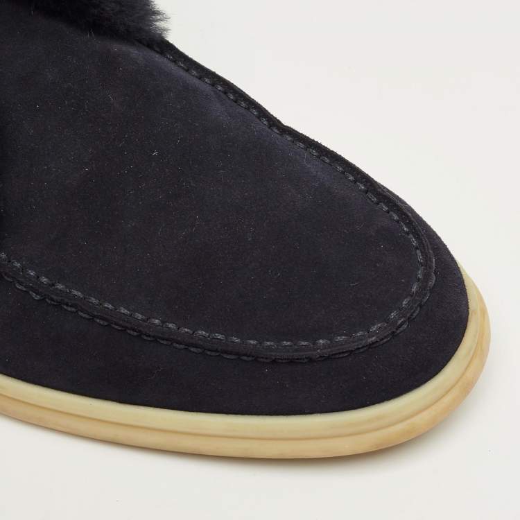 Pre Owned Loro Piana Navy Blue Mink Fur and Suede Open Walk Ankle Length Boots Size 42