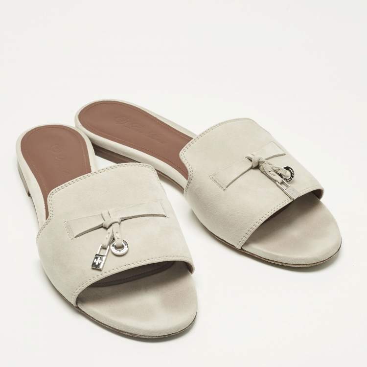 Pre Owned Loro Piana Grey Suede Summer Charms Walk Flat Slide Size 37