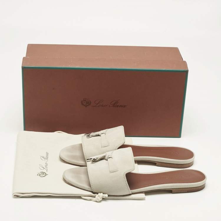 Pre Owned Loro Piana Grey Suede Summer Charms Walk Flat Slide Size 37