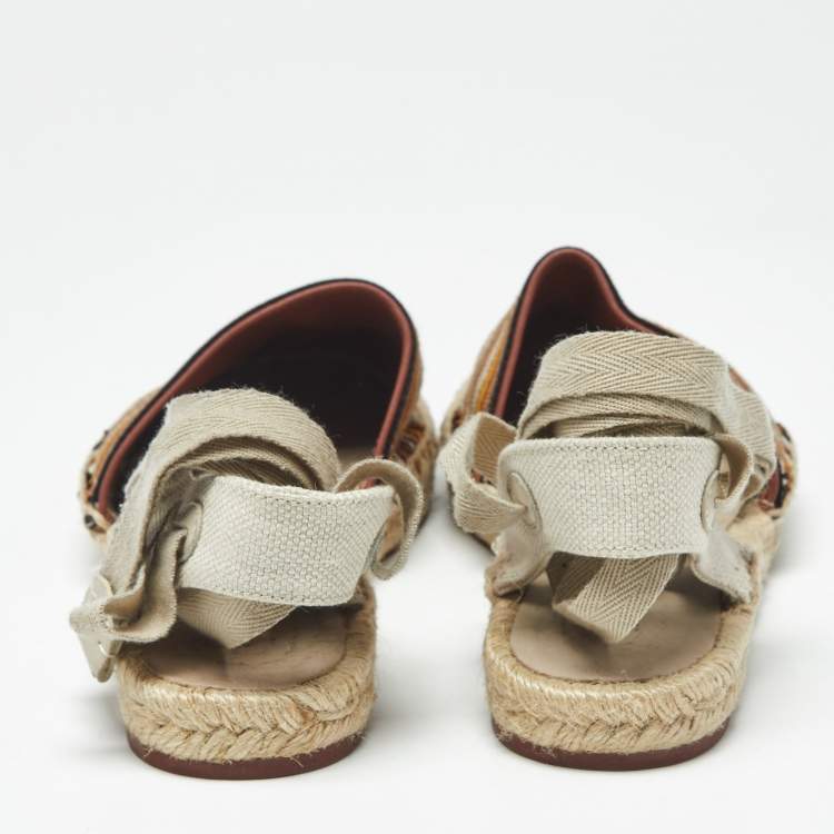 Pre Owned Loro Piana Cream/Brown Canvas Ankle Wrap Espadrille Flats Size 37
