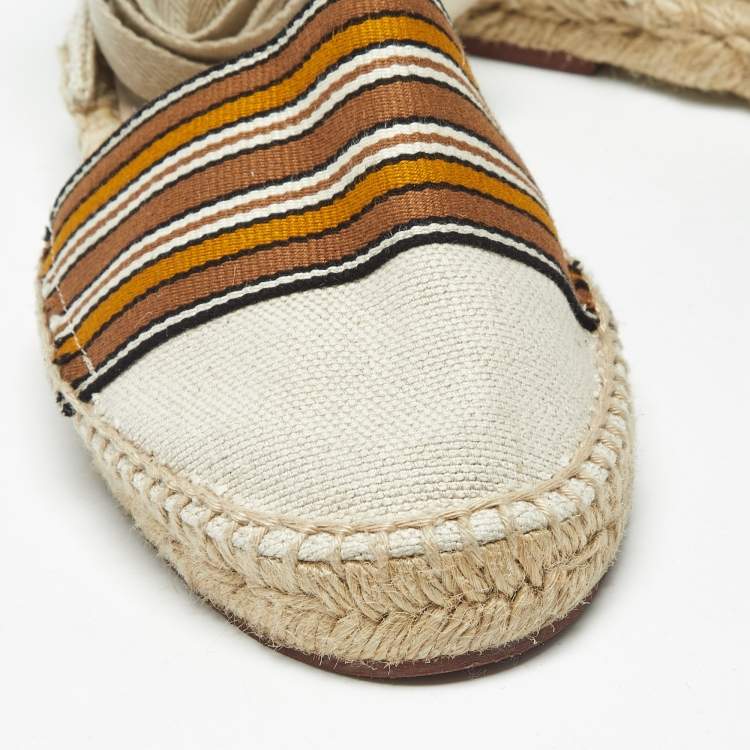 Pre Owned Loro Piana Cream/Brown Canvas Ankle Wrap Espadrille Flats Size 37