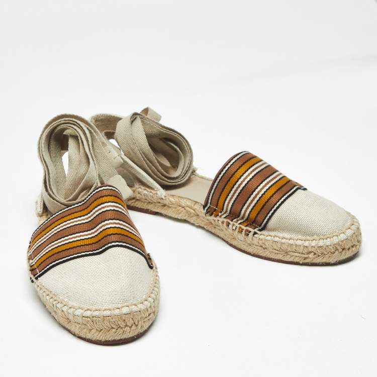 Pre Owned Loro Piana Cream/Brown Canvas Ankle Wrap Espadrille Flats Size 37
