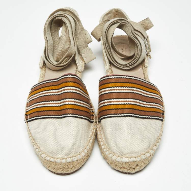Pre Owned Loro Piana Cream/Brown Canvas Ankle Wrap Espadrille Flats Size 37