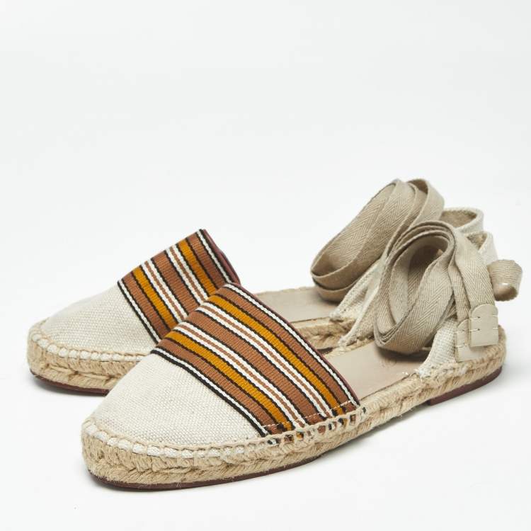 Pre Owned Loro Piana Cream/Brown Canvas Ankle Wrap Espadrille Flats Size 37