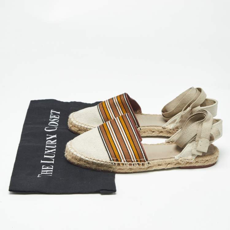 Pre Owned Loro Piana Cream/Brown Canvas Ankle Wrap Espadrille Flats Size 37
