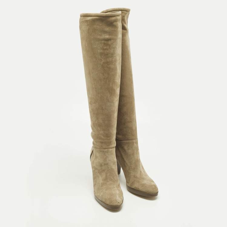 Pre Owned Loro Piana Beige Suede Sharmain Knee Length Boots Size 39.5