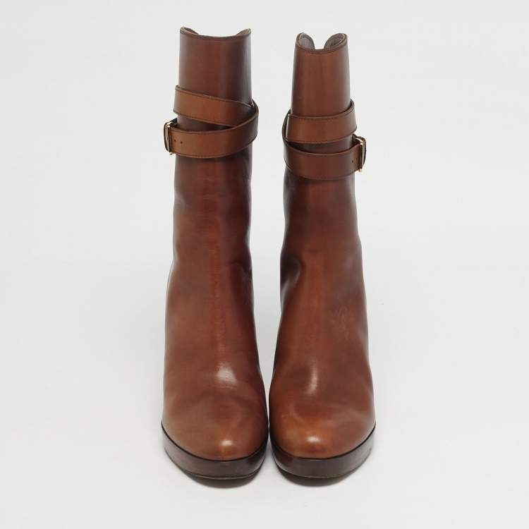 Pre Owned Loro Piana Brown Leather Buckle Details Ankle Length Boots Size 37