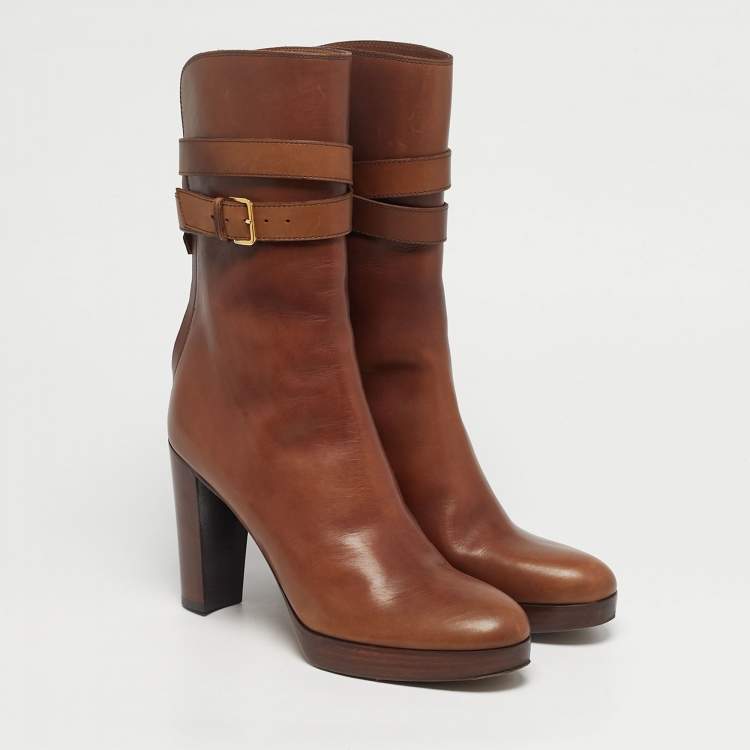 Pre Owned Loro Piana Brown Leather Buckle Details Ankle Length Boots Size 37
