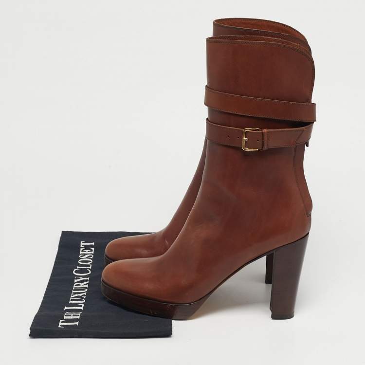 Pre Owned Loro Piana Brown Leather Buckle Details Ankle Length Boots Size 37