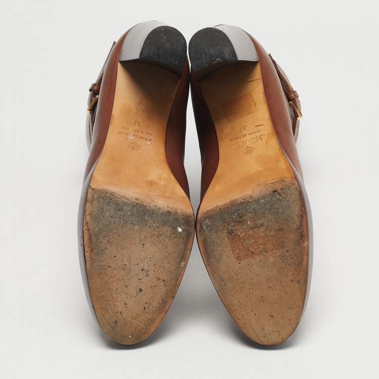 Pre Owned Loro Piana Brown Leather Buckle Details Ankle Length Boots Size 37