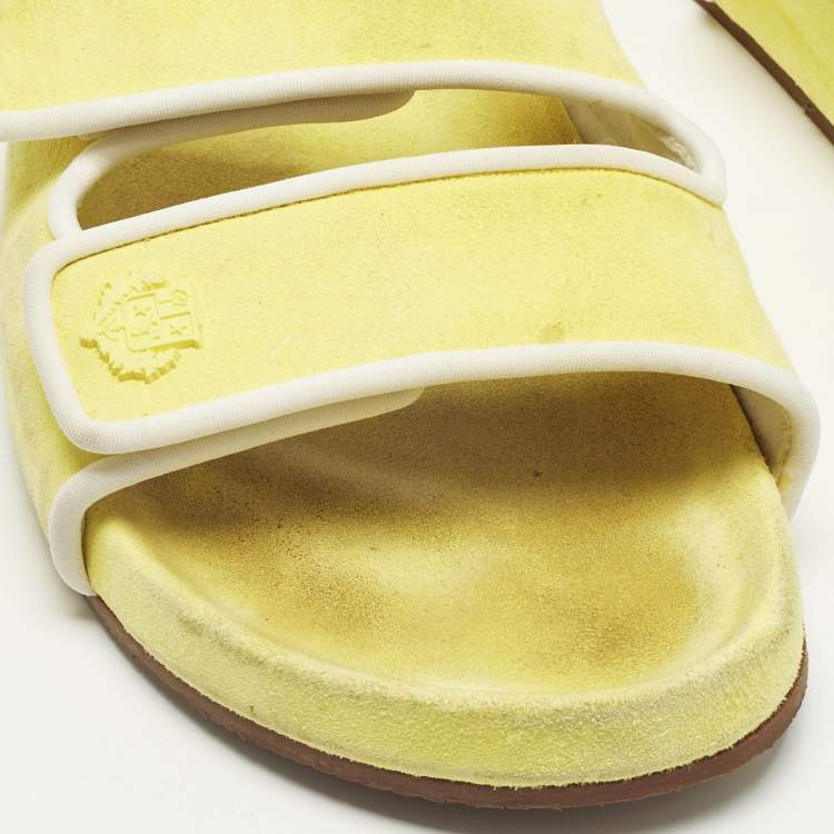 Pre Owned Loro Piana Yellow/White Suede and Leather Waikiki Flat Slides Size 39