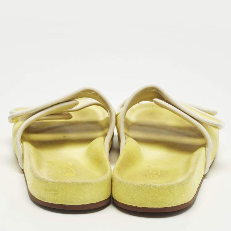 Pre Owned Loro Piana Yellow/White Suede and Leather Waikiki Flat Slides Size 39