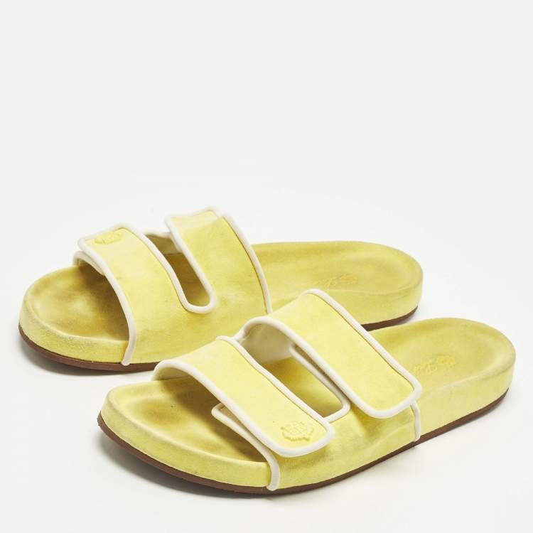 Pre Owned Loro Piana Yellow/White Suede and Leather Waikiki Flat Slides Size 39