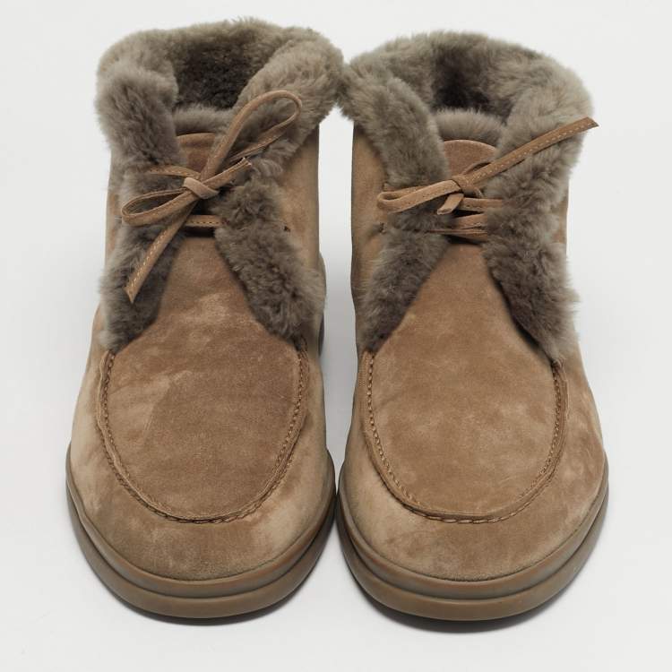 Pre Owned Loro Piana Grey Shearling and Suede Open Walk Ankle Length Boots Size 45