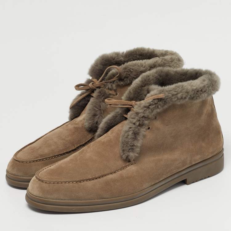 Pre Owned Loro Piana Grey Shearling and Suede Open Walk Ankle Length Boots Size 45