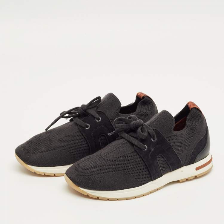 Pre Owned Loro Piana Black Knit Fabric 360 LP Flexy Walk Lace Up Sneakers Size 35.5