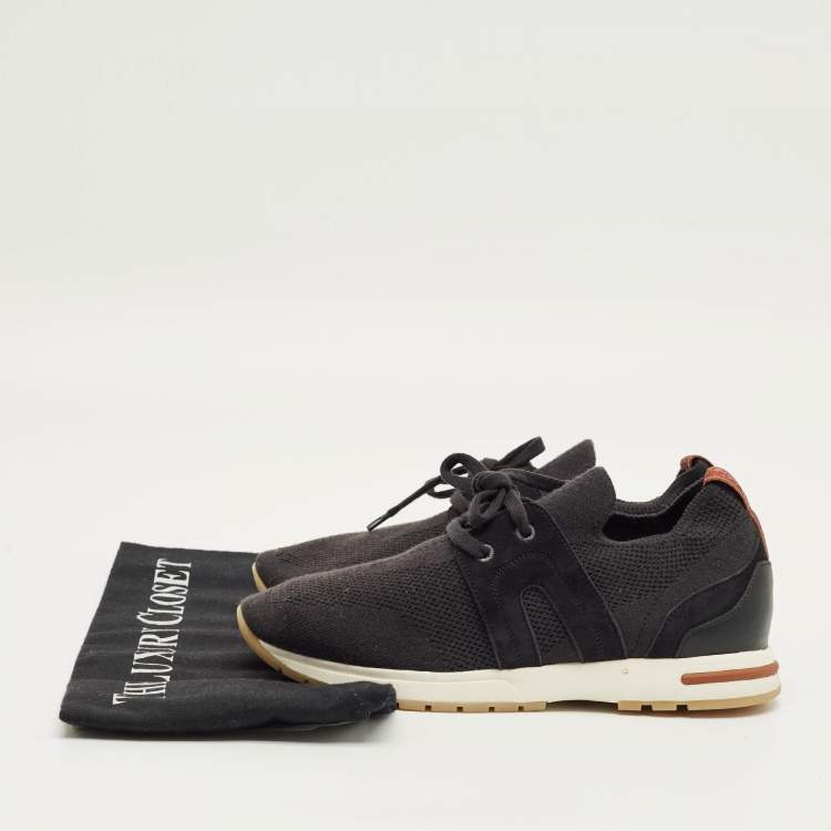 Pre Owned Loro Piana Black Knit Fabric 360 LP Flexy Walk Lace Up Sneakers Size 35.5