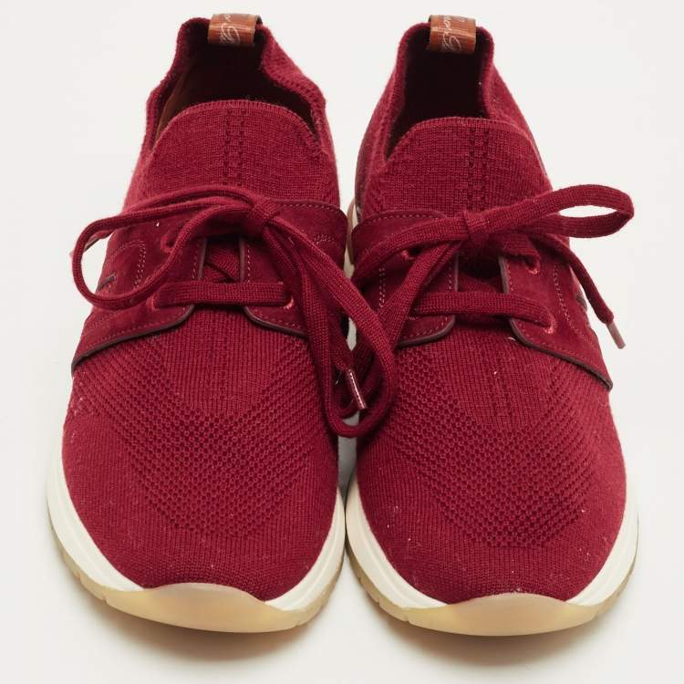 Pre Owned Loro Piana Burgundy Knit Fabric and Suede 360 LP Flexy Walk Lace Up Sneakers Size 35.5