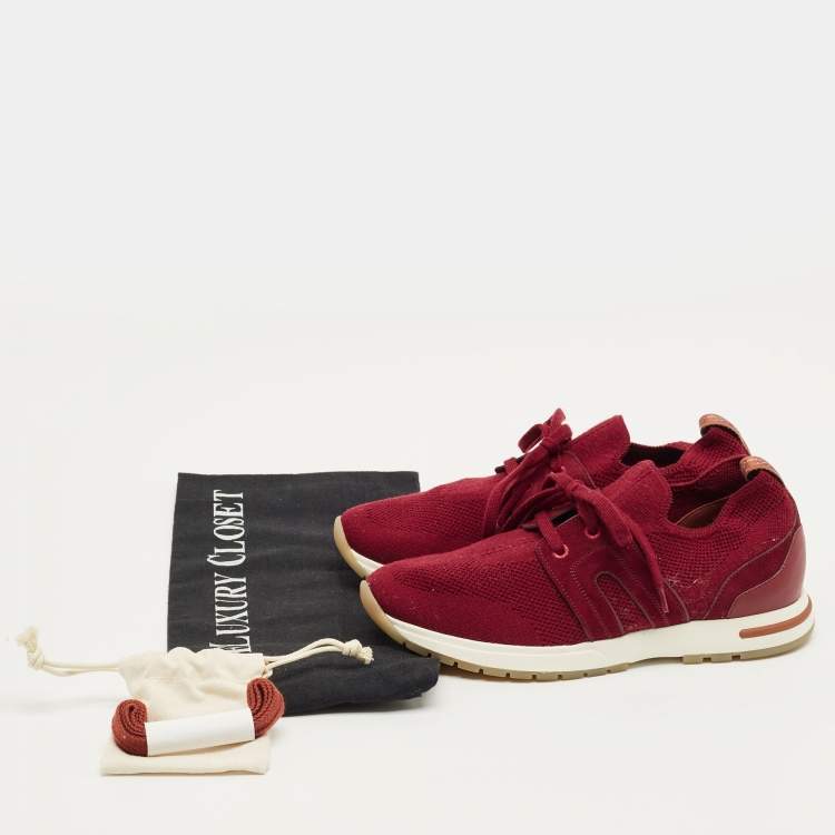 Pre Owned Loro Piana Burgundy Knit Fabric and Suede 360 LP Flexy Walk Lace Up Sneakers Size 35.5