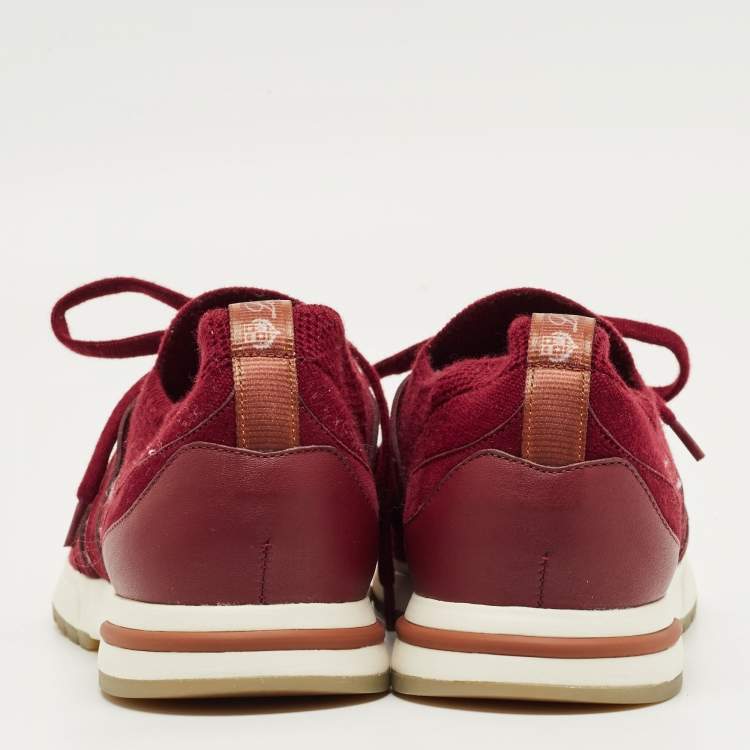 Pre Owned Loro Piana Burgundy Knit Fabric and Suede 360 LP Flexy Walk Lace Up Sneakers Size 35.5