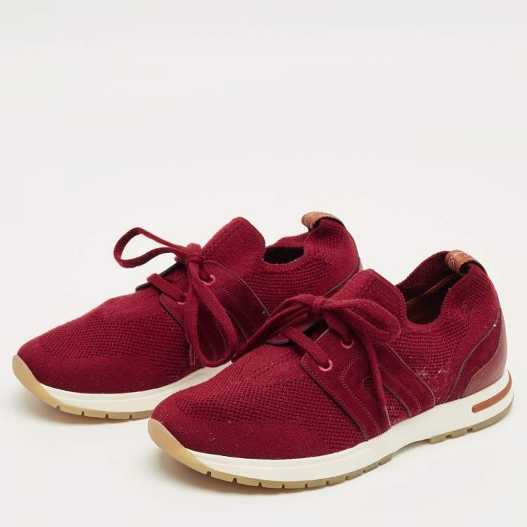 Pre Owned Loro Piana Burgundy Knit Fabric and Suede 360 LP Flexy Walk Lace Up Sneakers Size 35.5
