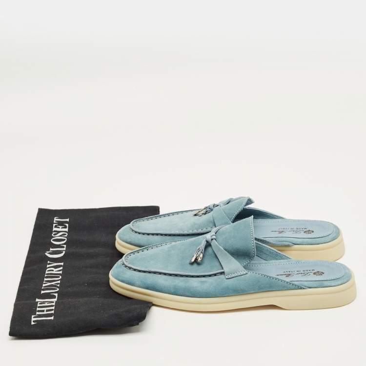 Pre Owned Loro Piana Light Blue Suede Babouche Charms Walk Mules Size 36