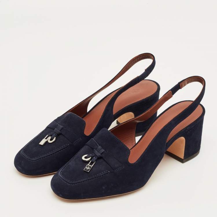 Pre Owned Loro Piana Navy Blue Suede Summer Charms Walk Slingback Sandals Size 35.5