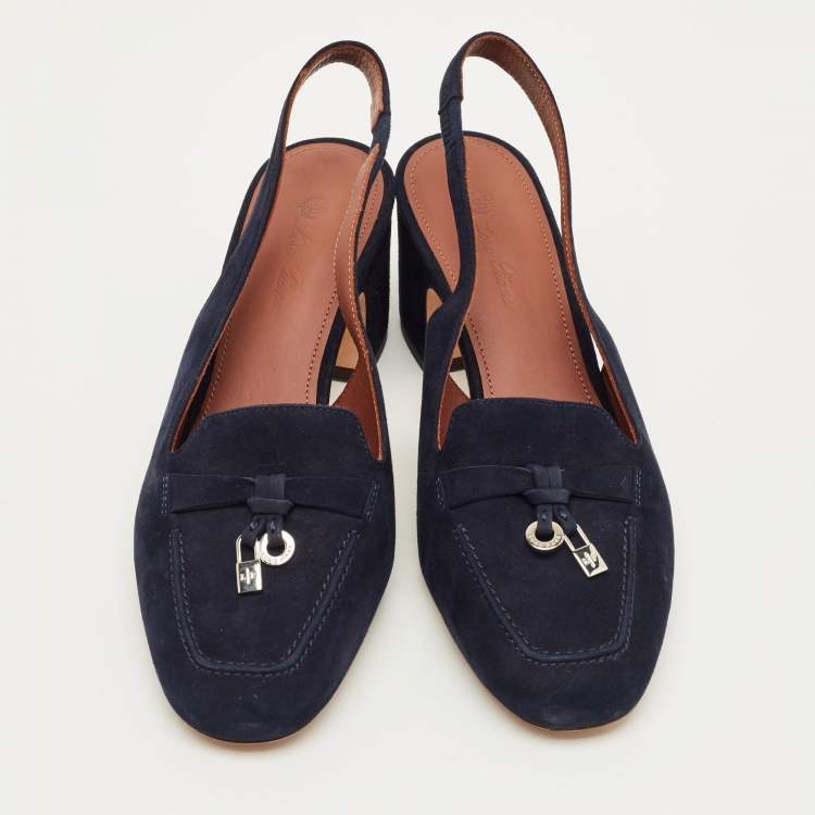 Pre Owned Loro Piana Navy Blue Suede Summer Charms Walk Slingback Sandals Size 35.5