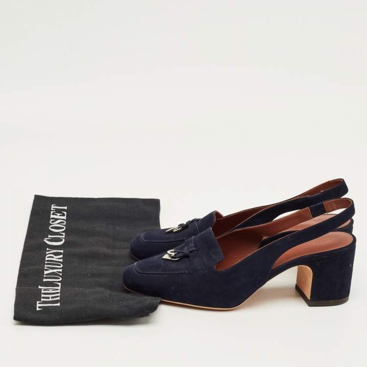 Pre Owned Loro Piana Navy Blue Suede Summer Charms Walk Slingback Sandals Size 35.5