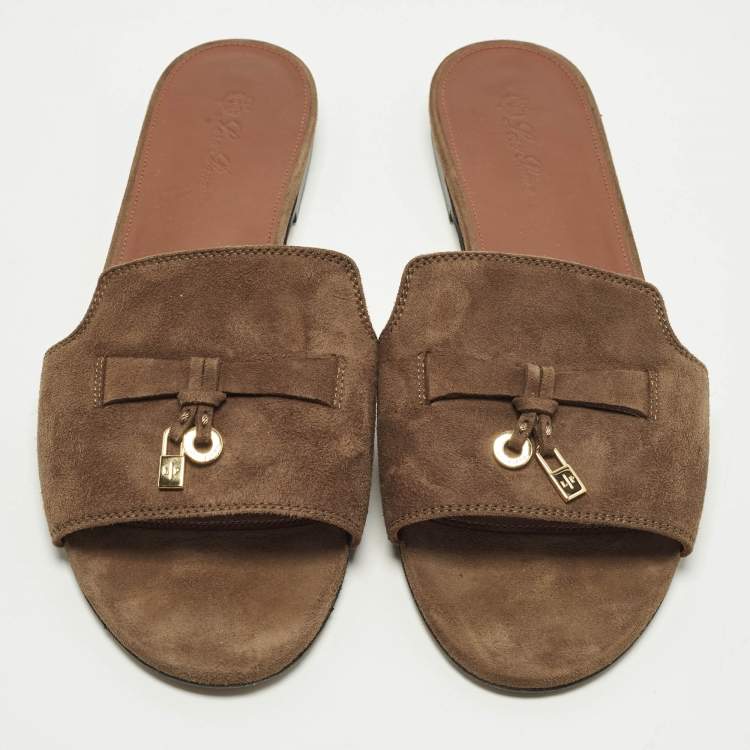 Pre Owned Loro Piana Summer Charms Walk Size 40 Dark Brown Suede Flat Slide