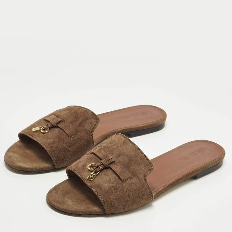 Pre Owned Loro Piana Summer Charms Walk Size 40 Dark Brown Suede Flat Slide