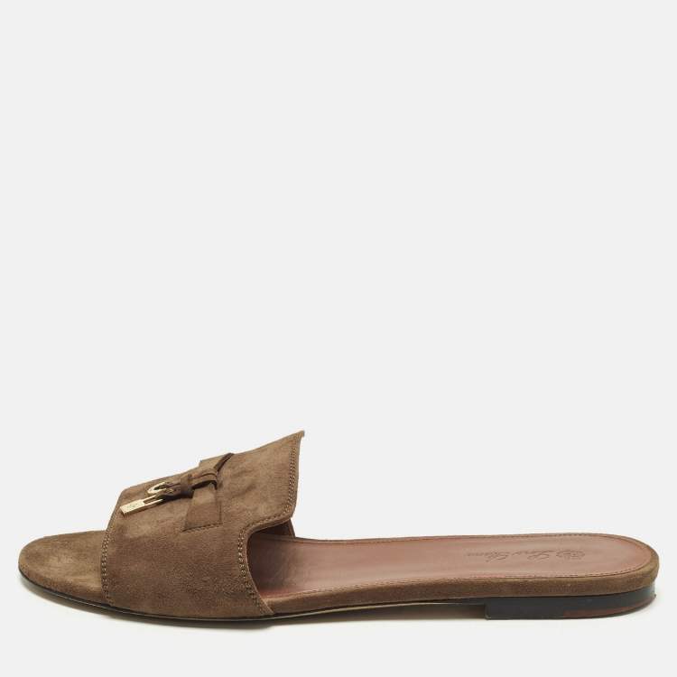 Pre Owned Loro Piana Summer Charms Walk Size 40 Dark Brown Suede Flat Slide