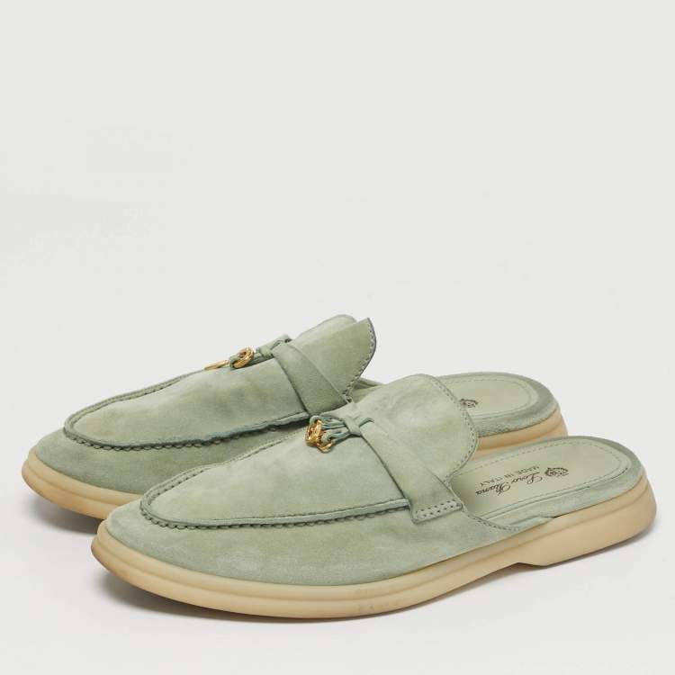 Pre Owned Loro Piana Babouche Charms Walk Size 37 Green Suede Mules