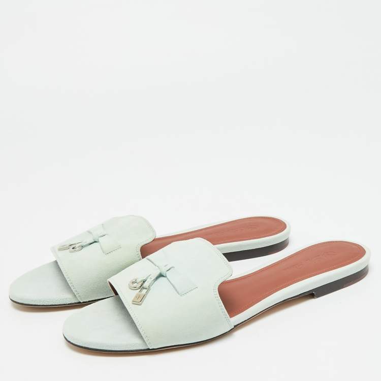 Pre Owned Loro Piana Summer Charms Size 38 Blue Suede Flat Sandals