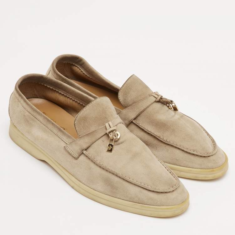Pre Owned Loro Piana Summer Charms Walk Size 40 Beige Suede Slip On Loafers